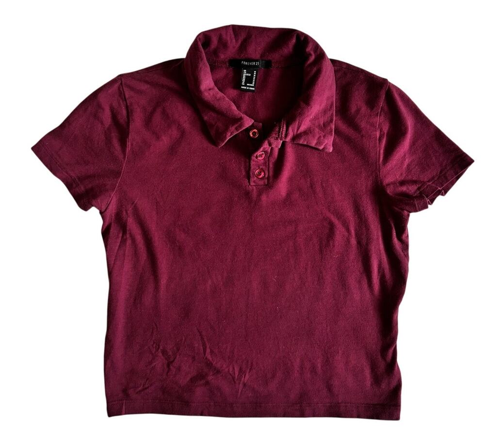 Forever 21 Maroon Cropped Polo Shirt Women's Medium Y2K Preppy Aesthetic Top